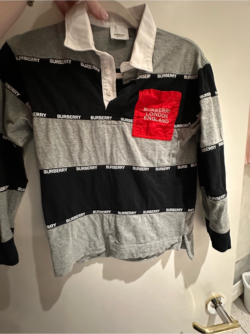 Burberry Kids Black & Gray Striped Rugby Shirt with Red Pocket